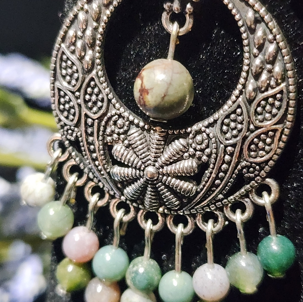 Silver Bohemian Dangle Earrings with Picasso Jasper Beads - Picture 3 of 5